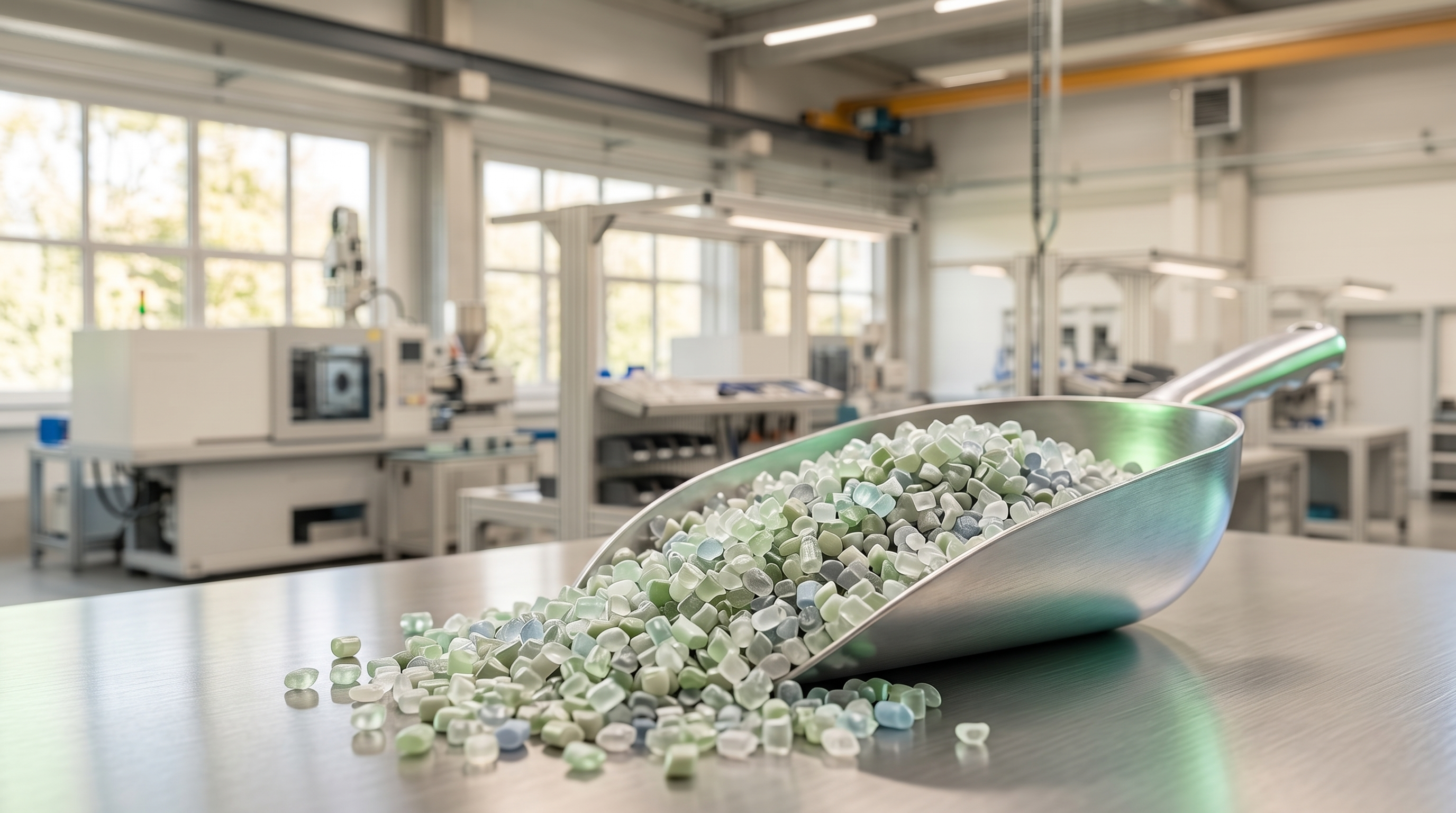 Metallschaufel gefüllt mit grün-blauem Kunststoff-Rezyklat-Granulat auf einem Arbeitstisch, im Hintergrund eine Spritzgießanlage bei febana