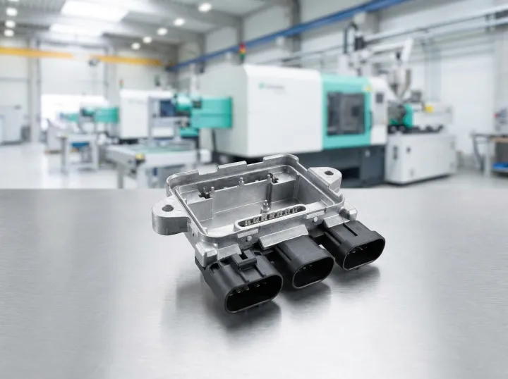 Komplexe Hybridbaugruppe – Aluminiumgehäuse mit umspritzten Steckverbindern