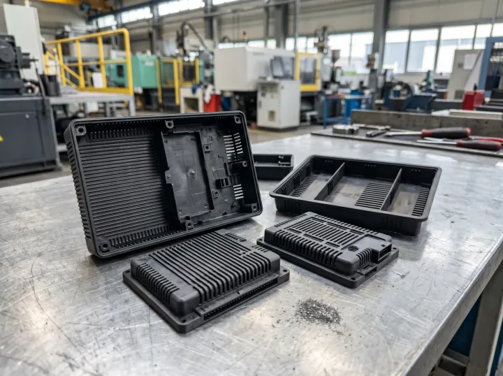 ESD-sichere Kunststoffbauteile für Automatisierungselektronik auf Edelstahltisch