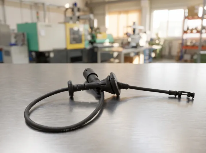 Umspritztes Kabel mit Stecker und Tülle auf einer Edelstahl-Werkbank